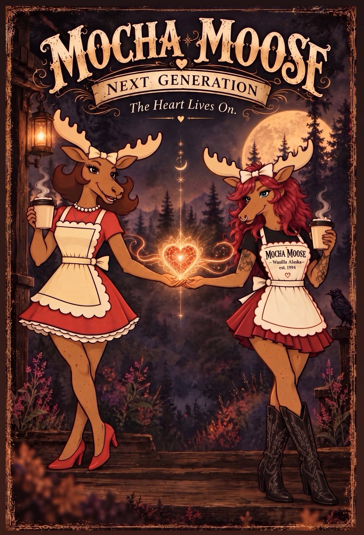 Mocha Moose Next Generation poster: two moose baristas in aprons sharing a glowing heart, The Heart Lives On